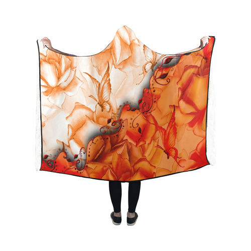 Sorf red flowers with butterflies Hooded Blanket 50''x40''