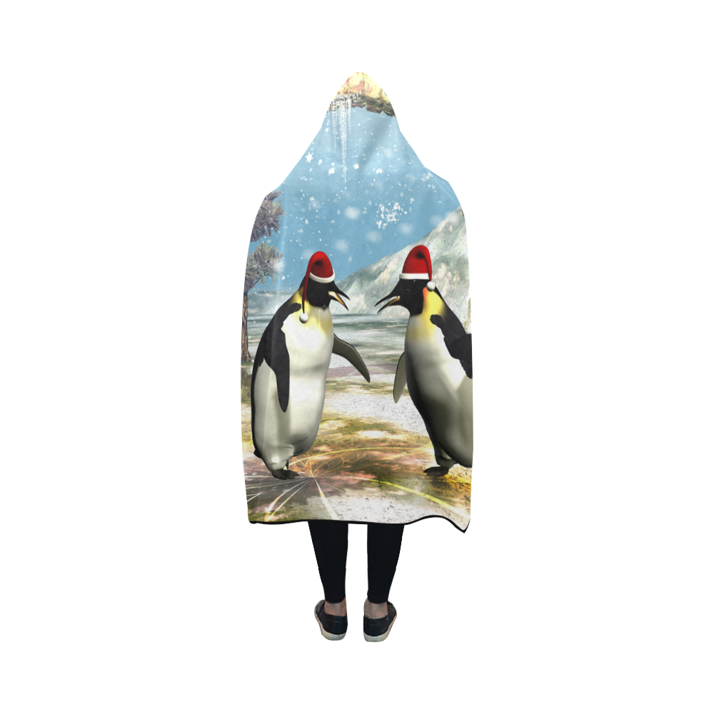Funny penguins with christmas hat Hooded Blanket 50''x40''
