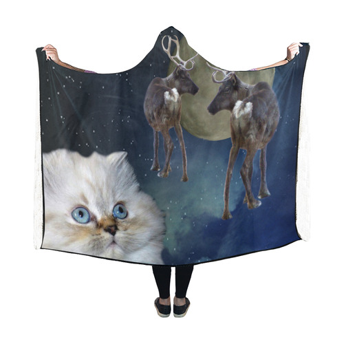 Cat and Reindeers Hooded Blanket 60''x50''