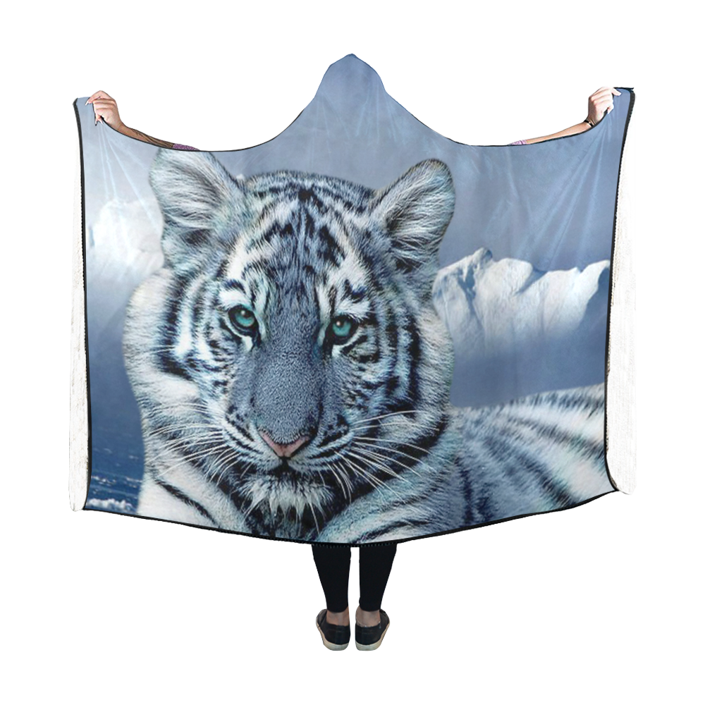 Blue White Tiger Hooded Blanket 60''x50''