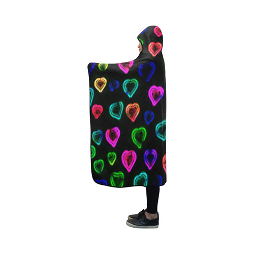 blurry neon hearts Hooded Blanket 50''x40''