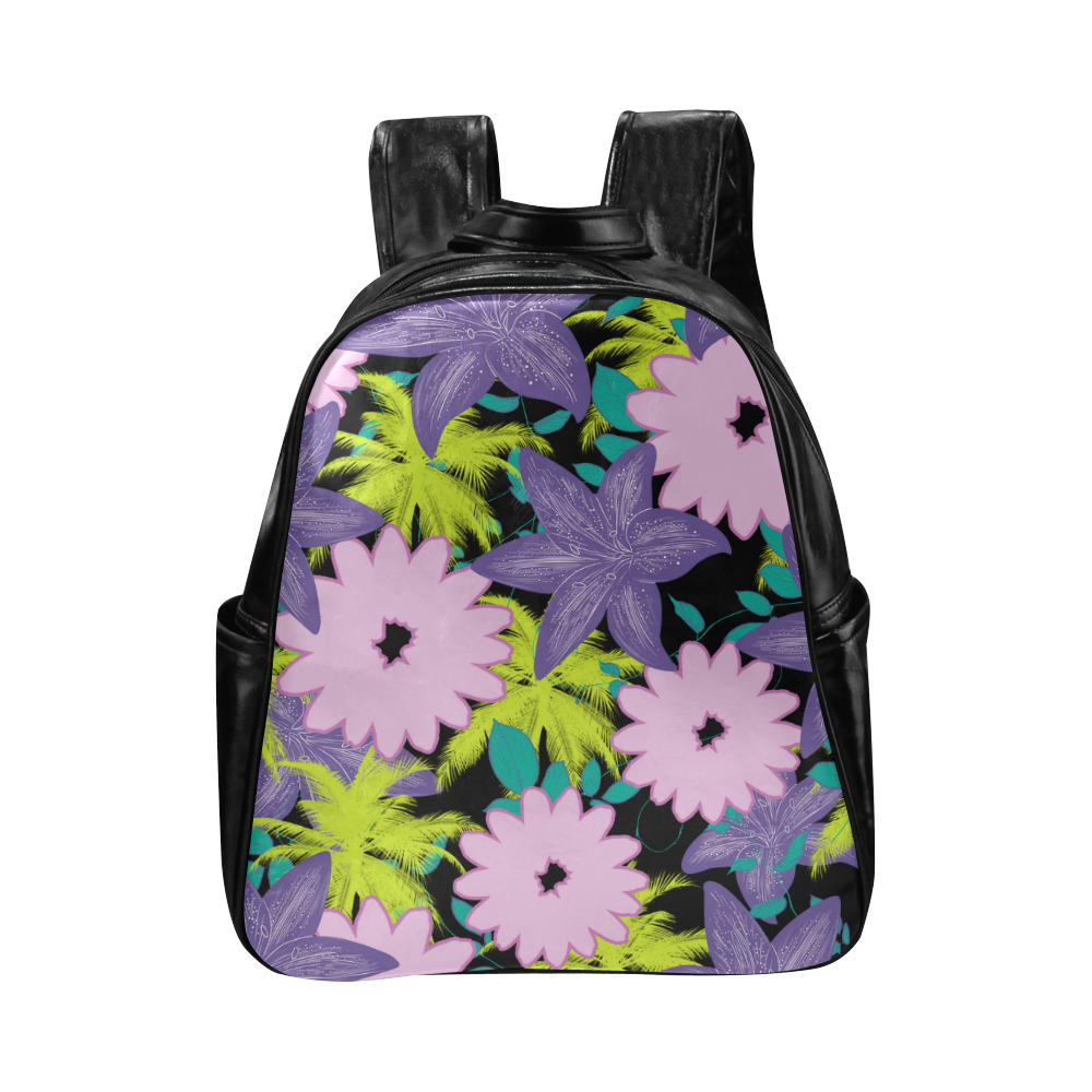 Tropical Violet Black Multi-Pockets Backpack (Model 1636)
