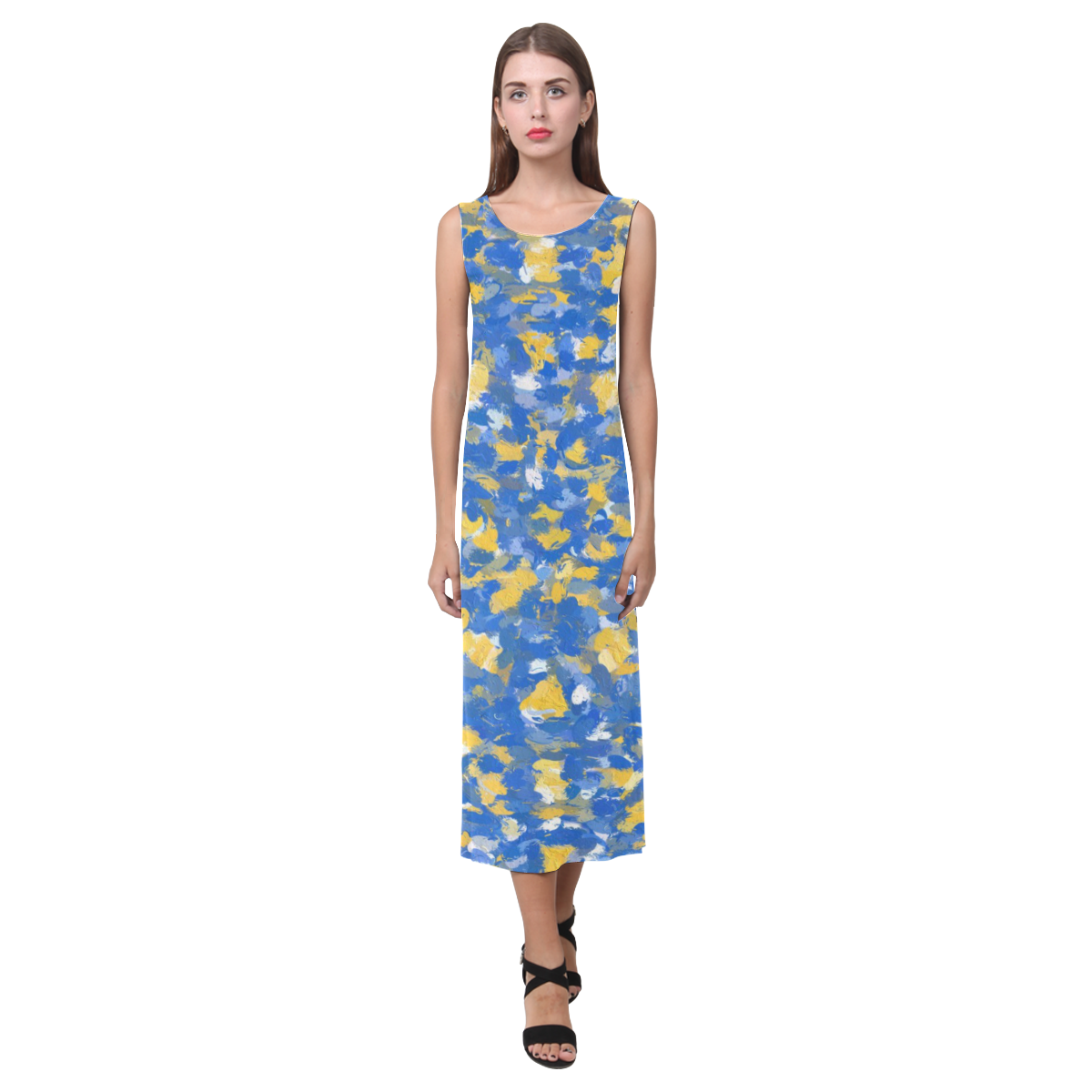 Blue, Yellow and White Paint Splashes Phaedra Sleeveless Open Fork Long Dress (Model D08)