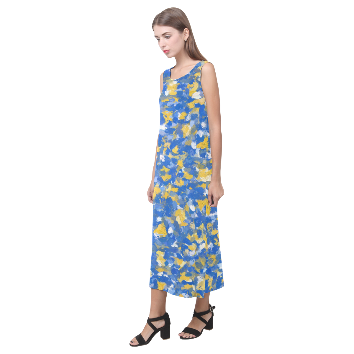 Blue, Yellow and White Paint Splashes Phaedra Sleeveless Open Fork Long Dress (Model D08)