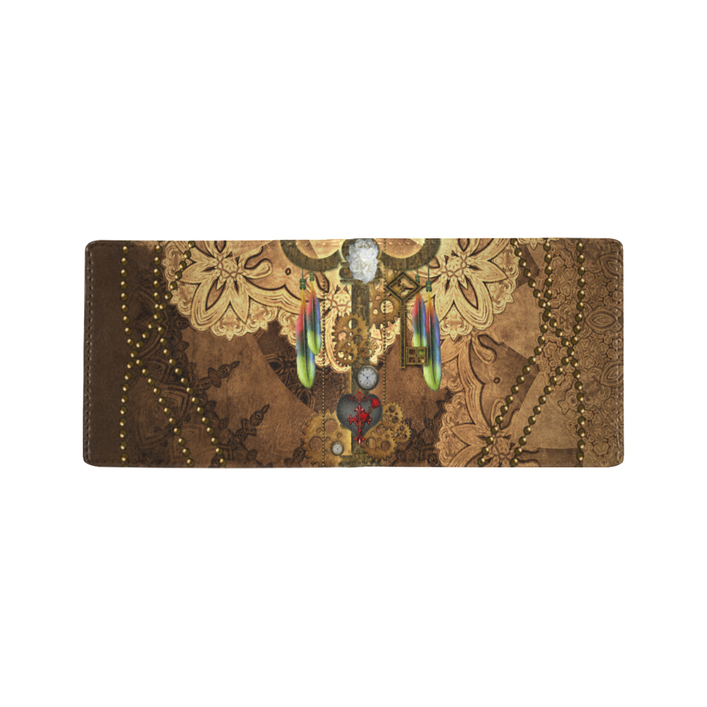 Steampunk, key with clocks, gears and feathers Mini Bifold Wallet (Model 1674)