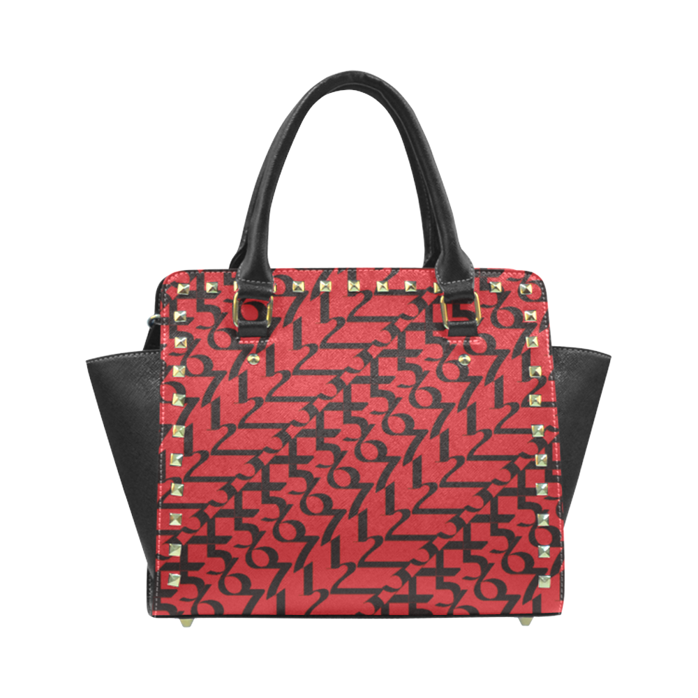 NUMBERS Collection Women 1234567 Leather Cherry Red/Black Rivet Shoulder Handbag (Model 1645)