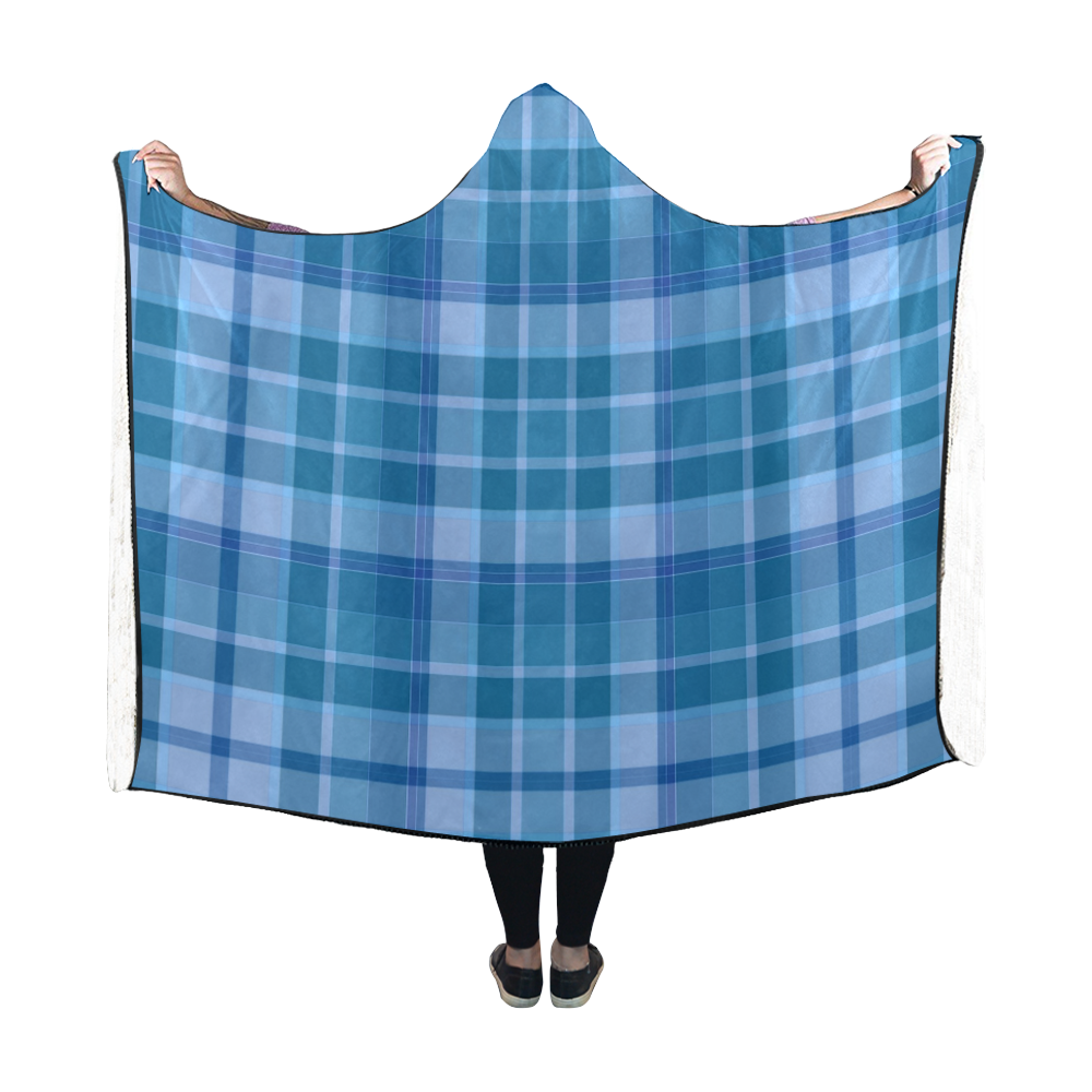 Shades of Blue Plaid Hooded Blanket 60''x50''