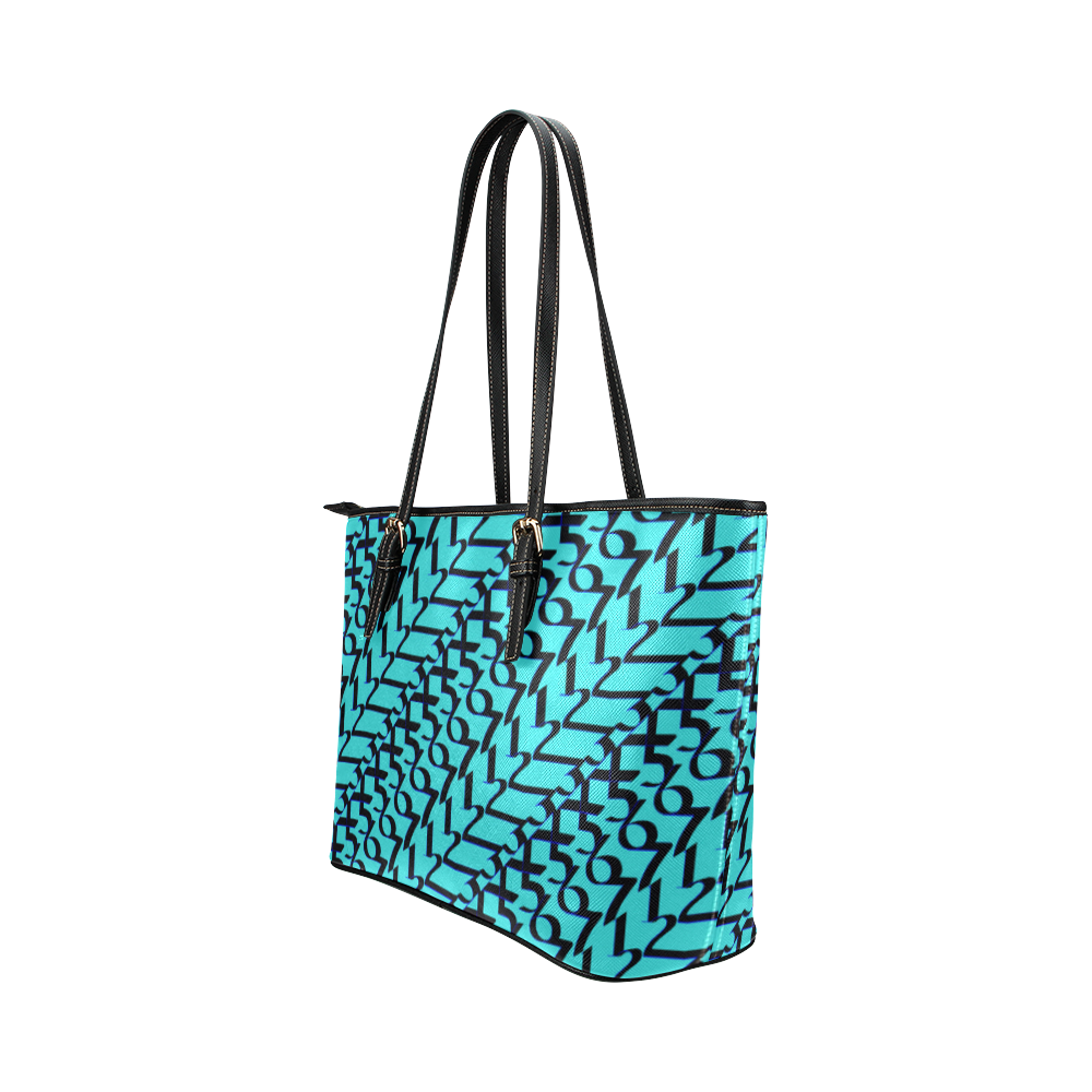 NUMBERS Collection 1234567 Women Teal/Black Leather Tote Bag/Large (Model 1651)