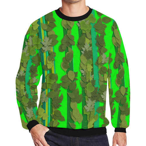 Mens Sweatshirt Crewneck Fleece Oversized Green Leaves Stripe Pattern Men's Oversized Fleece Crew Sweatshirt (Model H18)