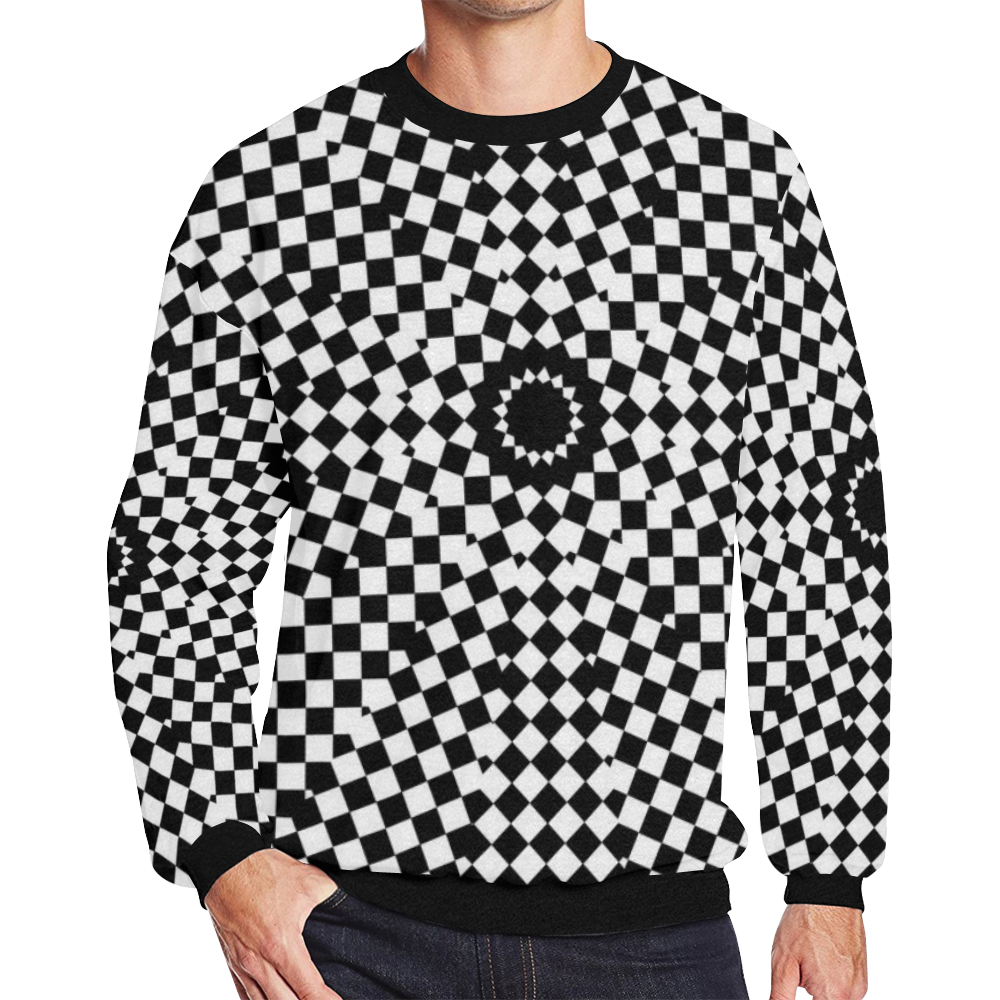Mens Sweatshirt Crewneck Fleece Oversized Black White Checks Circles Pattern Men's Oversized Fleece Crew Sweatshirt (Model H18)