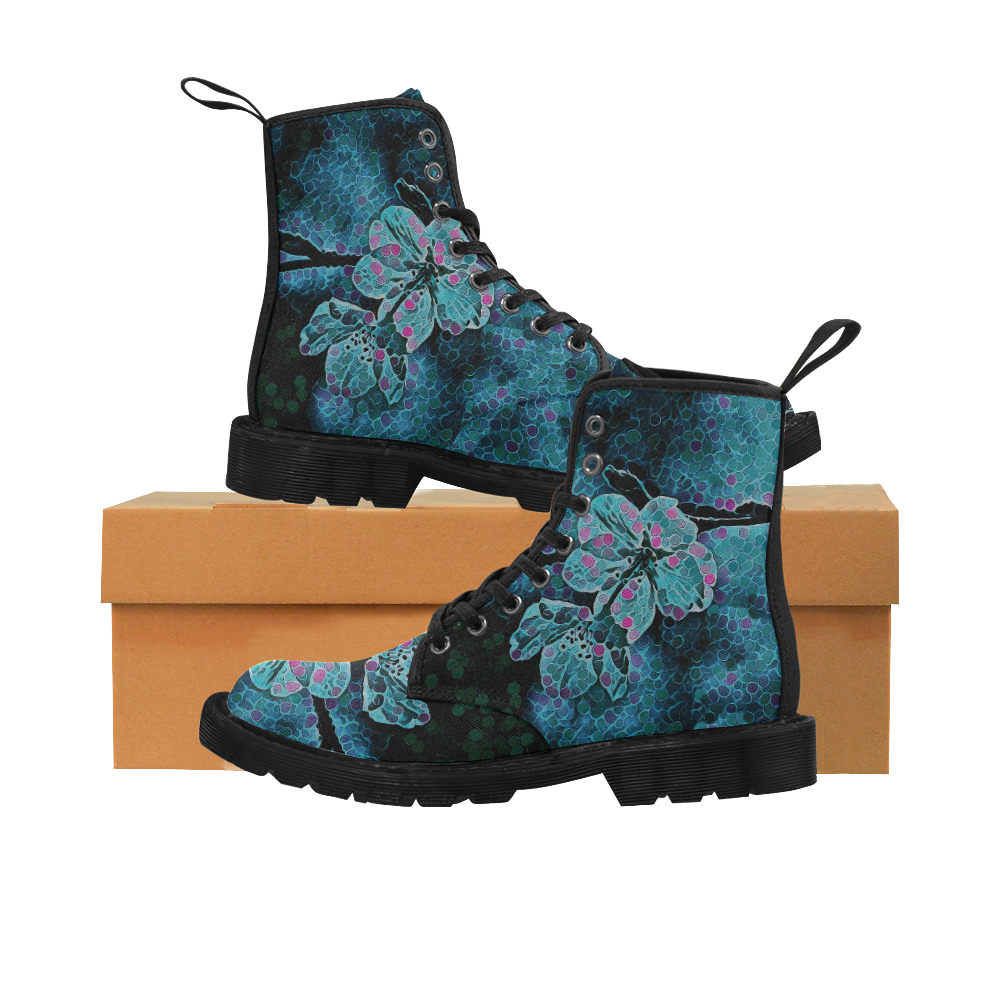 FLOWERS ART BLUE 4 WOMEN Martin Boots for Women (Black) (Model 1203H)