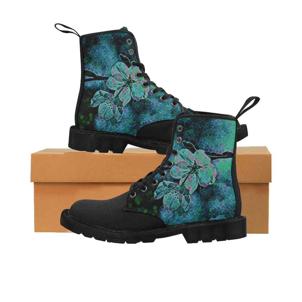 FLOWERS ART BLUE GREEN II 4 WOMEN Martin Boots for Women (Black) (Model 1203H)