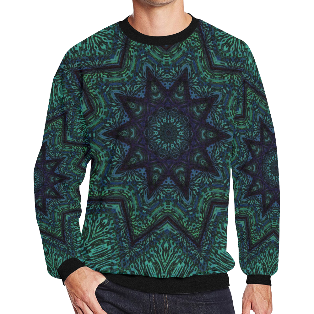 Mens Sweatshirt Crewneck Fleece Oversized Blue Green Black Star Mandala Pattern Men's Oversized Fleece Crew Sweatshirt (Model H18)