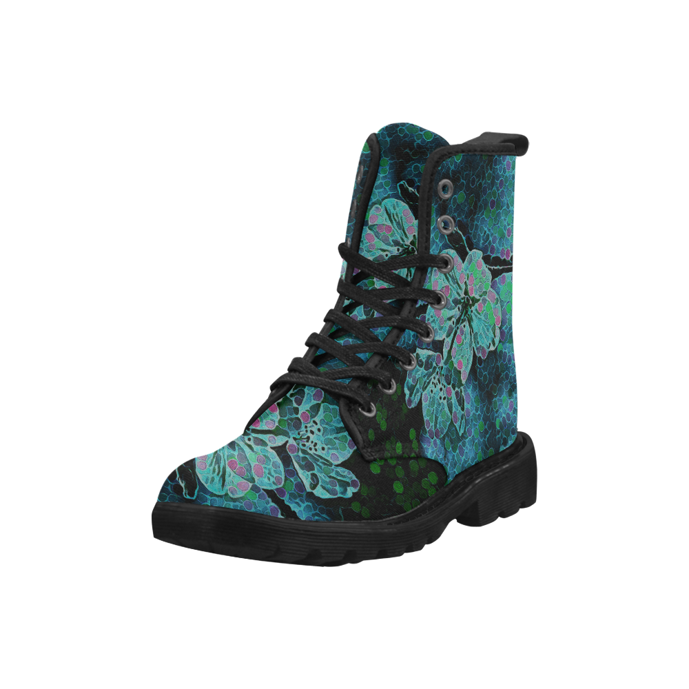 FLOWERS ART BLUE GREEN 4 WOMEN Martin Boots for Women (Black) (Model 1203H)