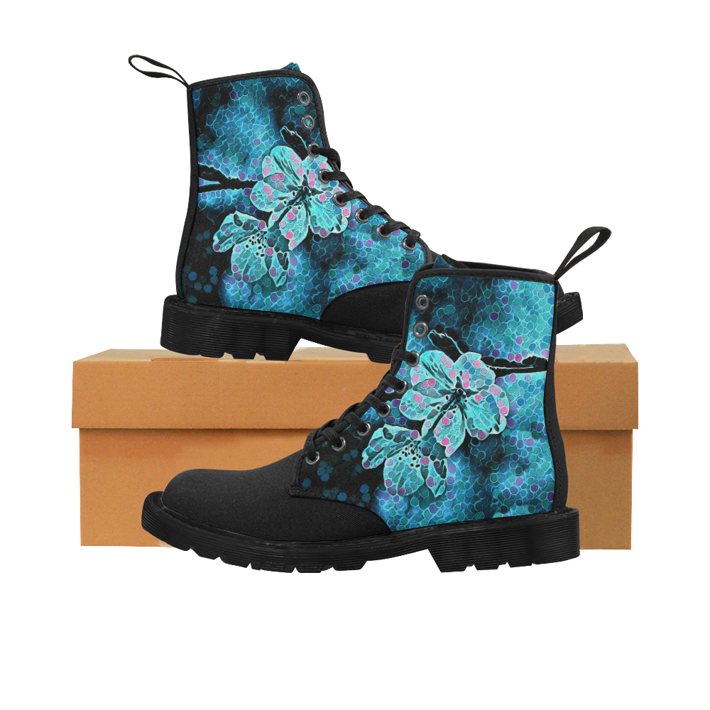 FLOWER PAINTING BLUE II Martin Boots for Women (Black) (Model 1203H)