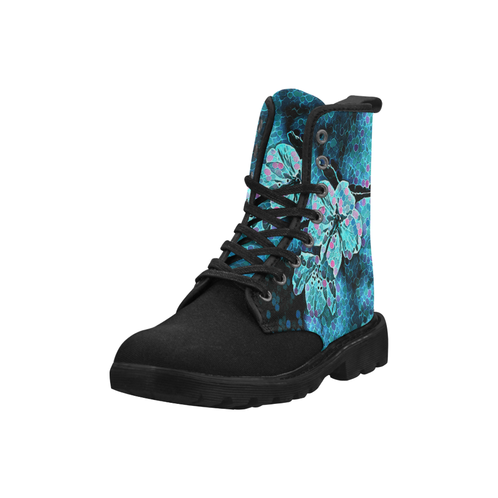 FLOWER PAINTING BLUE II Martin Boots for Women (Black) (Model 1203H)