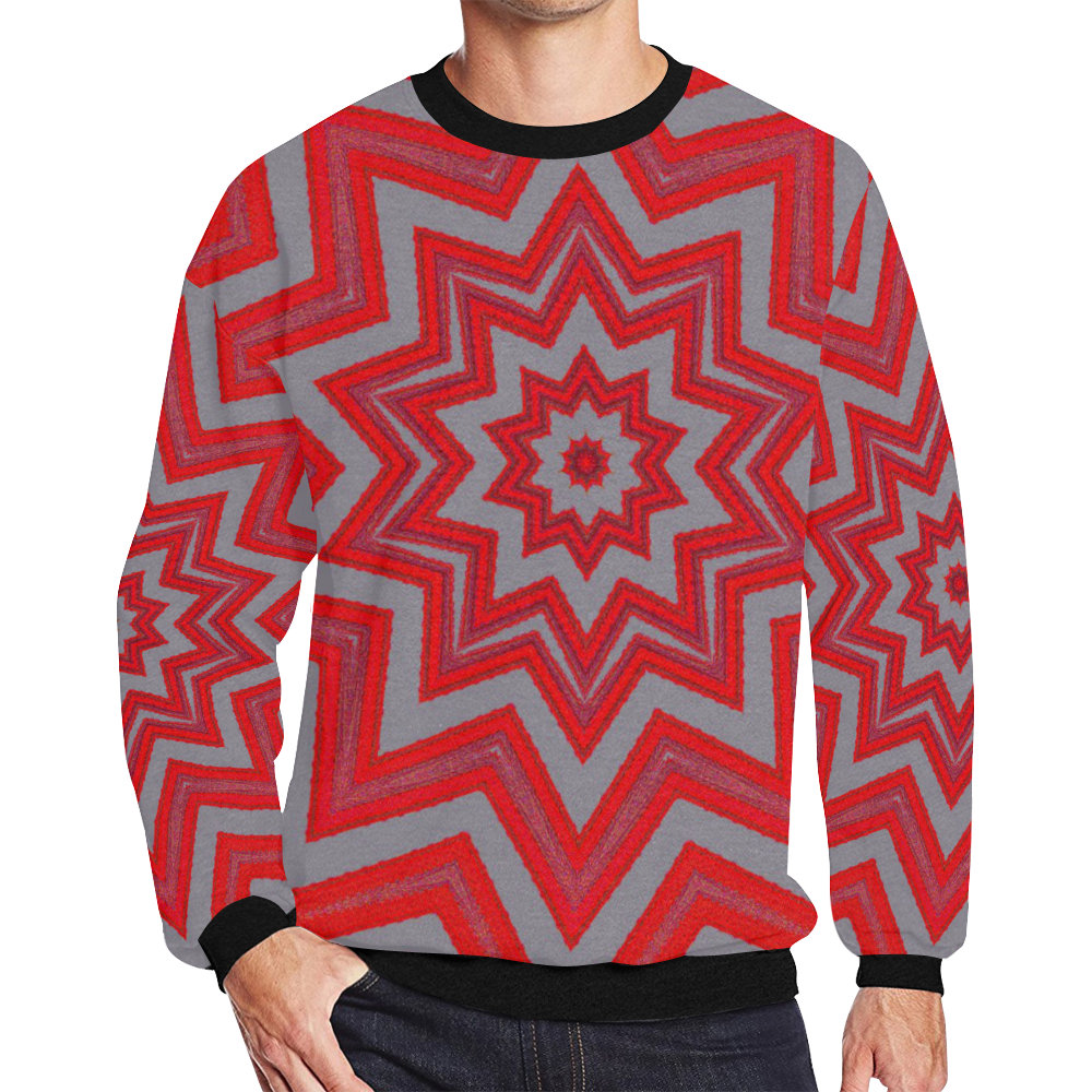Mens Sweatshirt Crewneck Fleece Oversized Red Gray Star Pattern Men's Oversized Fleece Crew Sweatshirt (Model H18)