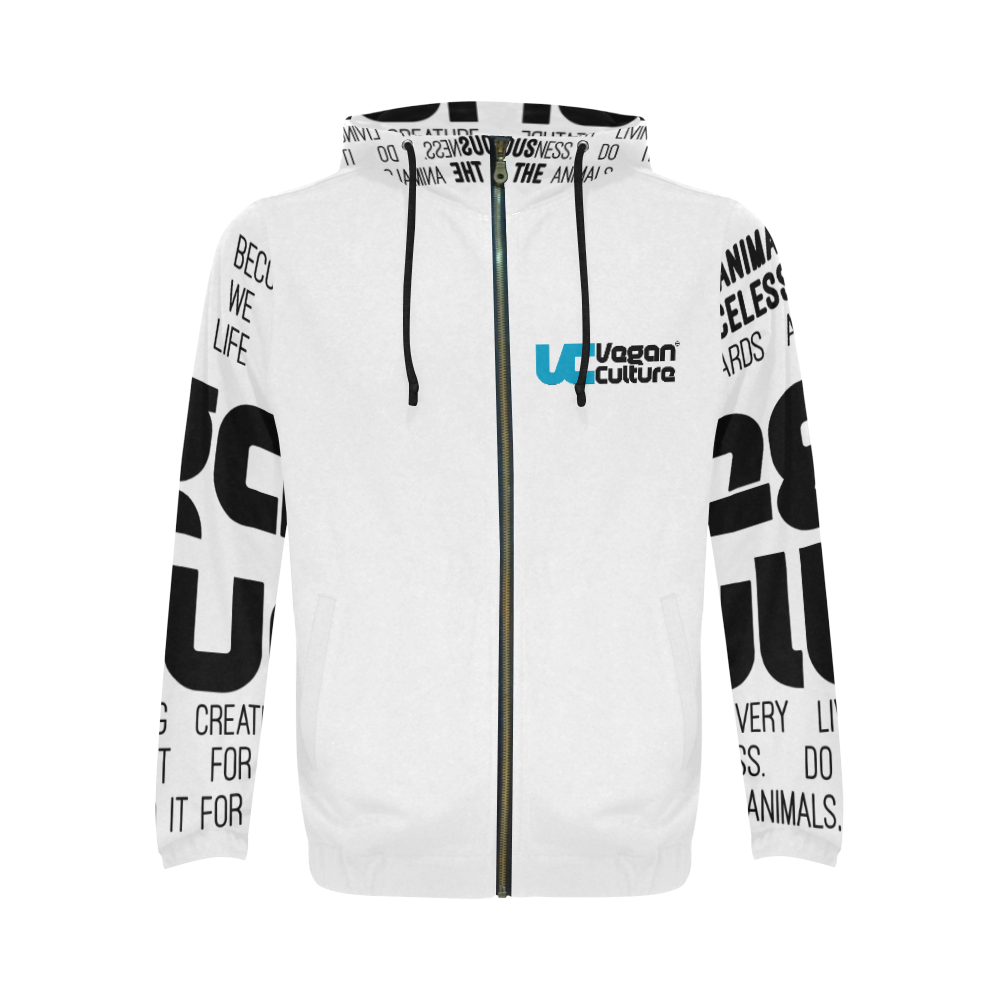 VC_Vegan_Culture_White_Get_Up All Over Print Full Zip Hoodie for Men/Large Size (Model H14)