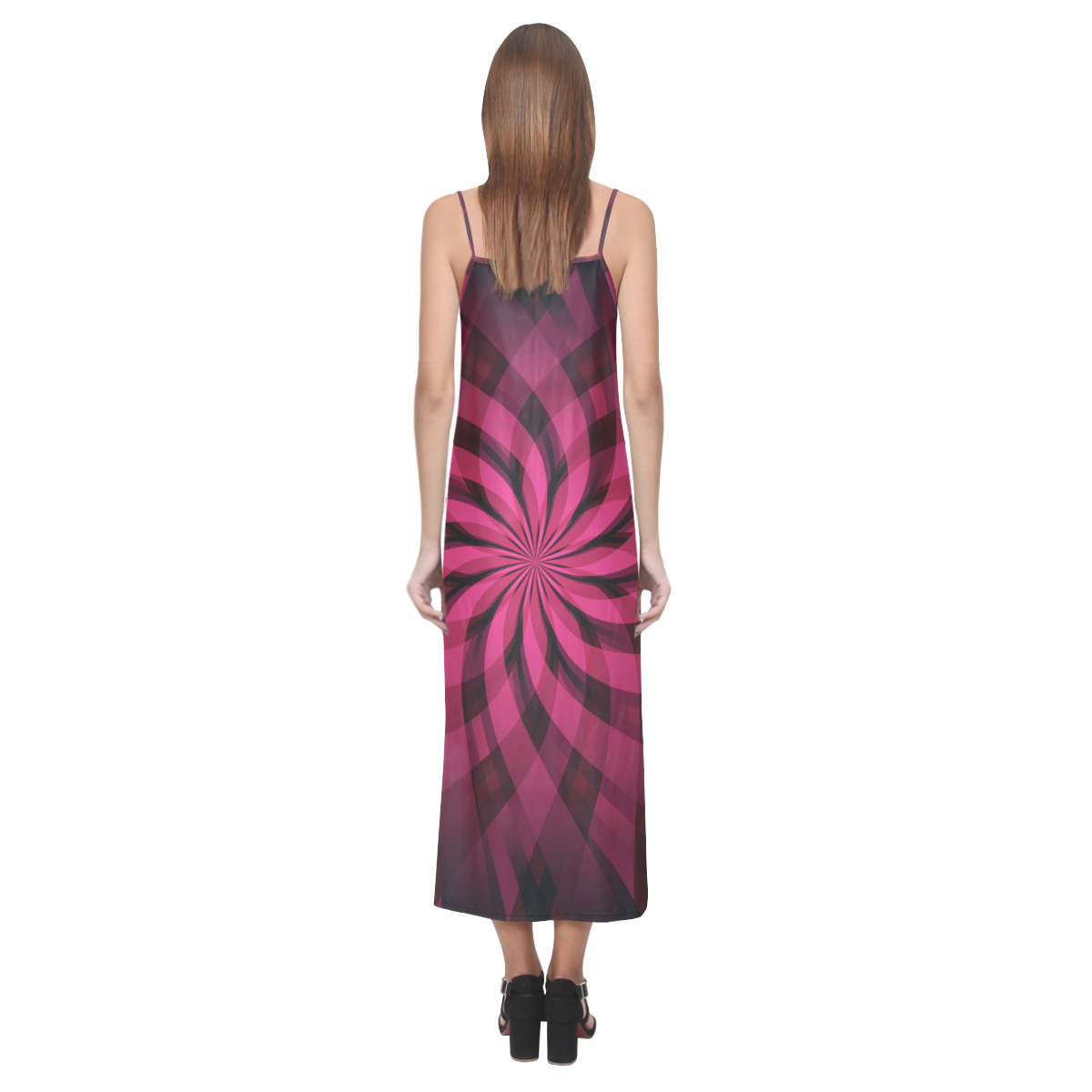 Red Pink and Black Abstract Star Dress V-Neck Open Fork Long Dress(Model D18)