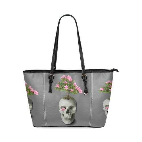 Bonsai Skull Leather Tote Bag/Small (Model 1640)