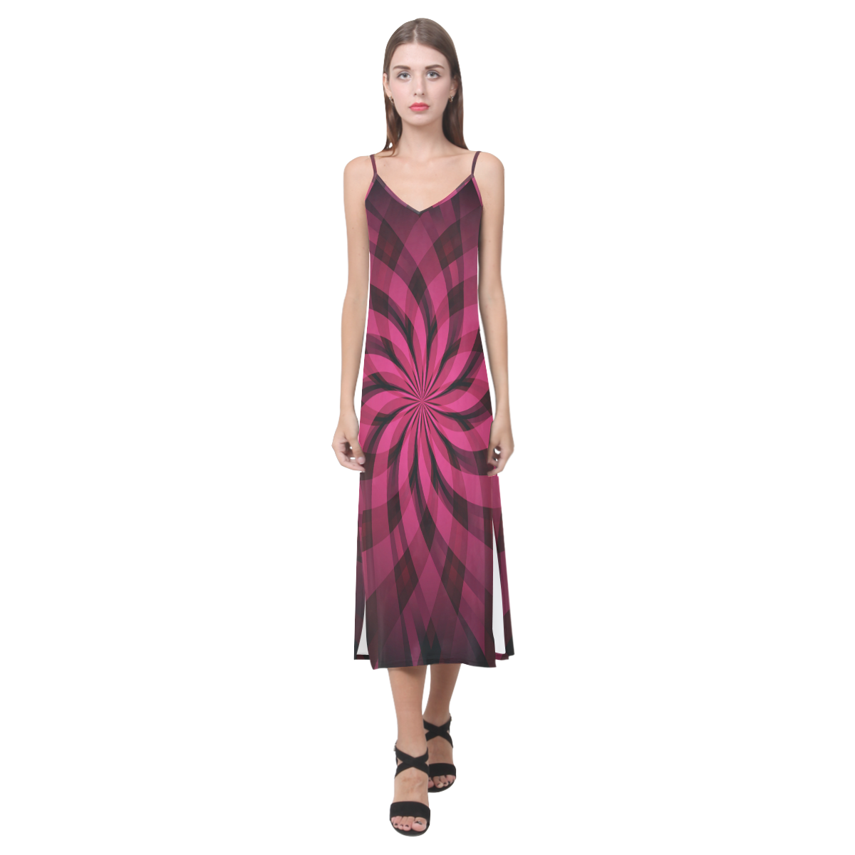 Red Pink and Black Abstract Star Dress V-Neck Open Fork Long Dress(Model D18)