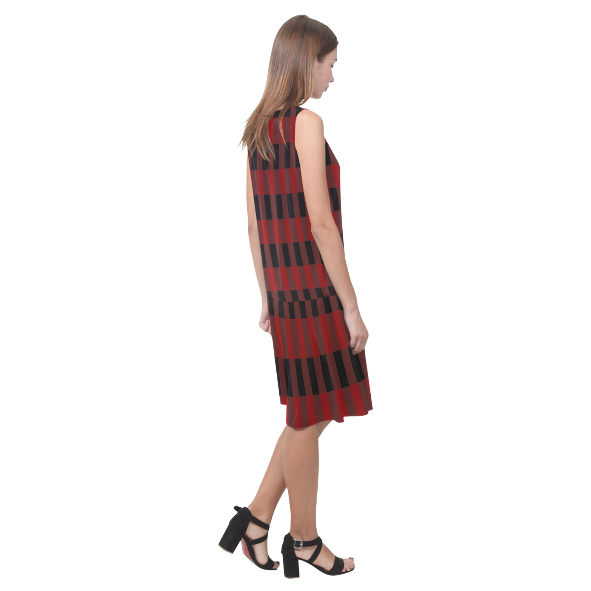 Red Black Plaid Sleeveless Splicing Shift Dress(Model D17)