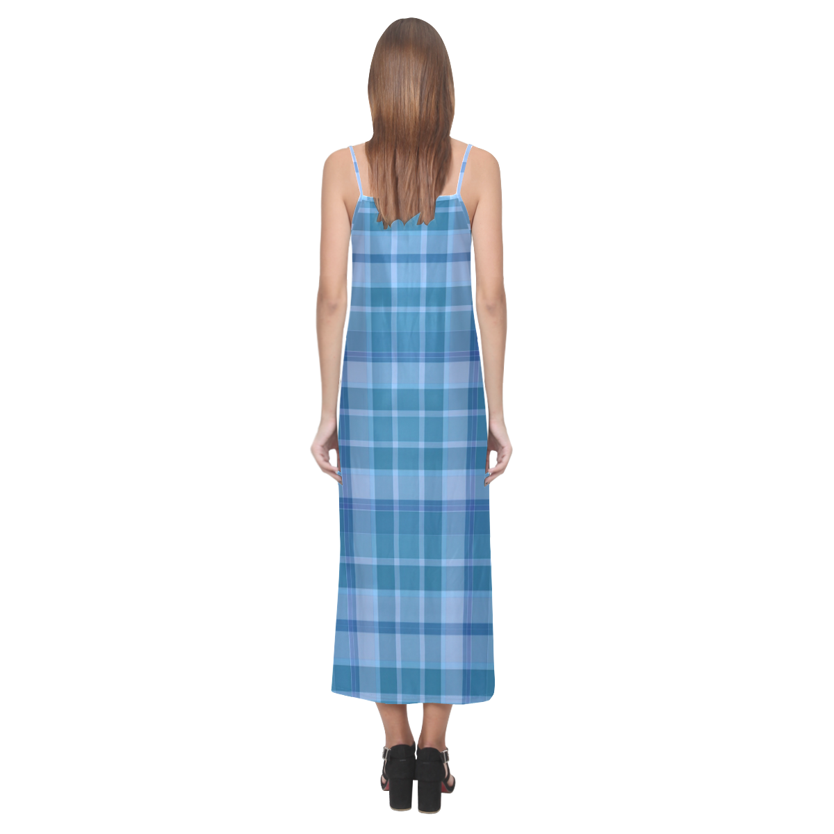 Shades of Blue Plaid V-Neck Open Fork Long Dress(Model D18)