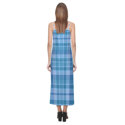 Shades of Blue Plaid V-Neck Open Fork Long Dress(Model D18)