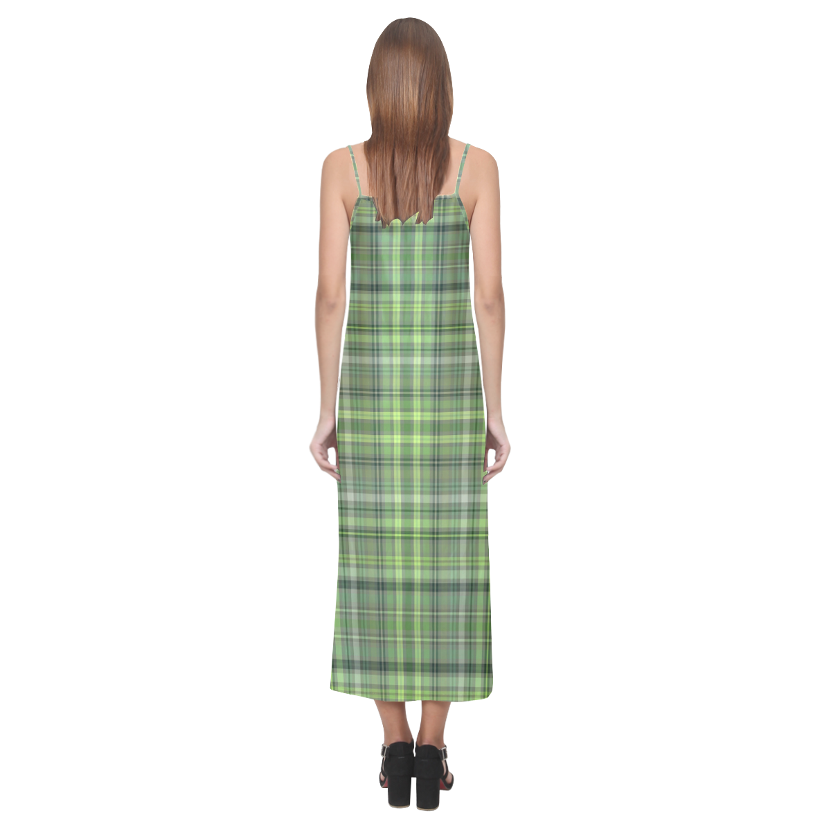 Shades of Green Plaid V-Neck Open Fork Long Dress(Model D18)