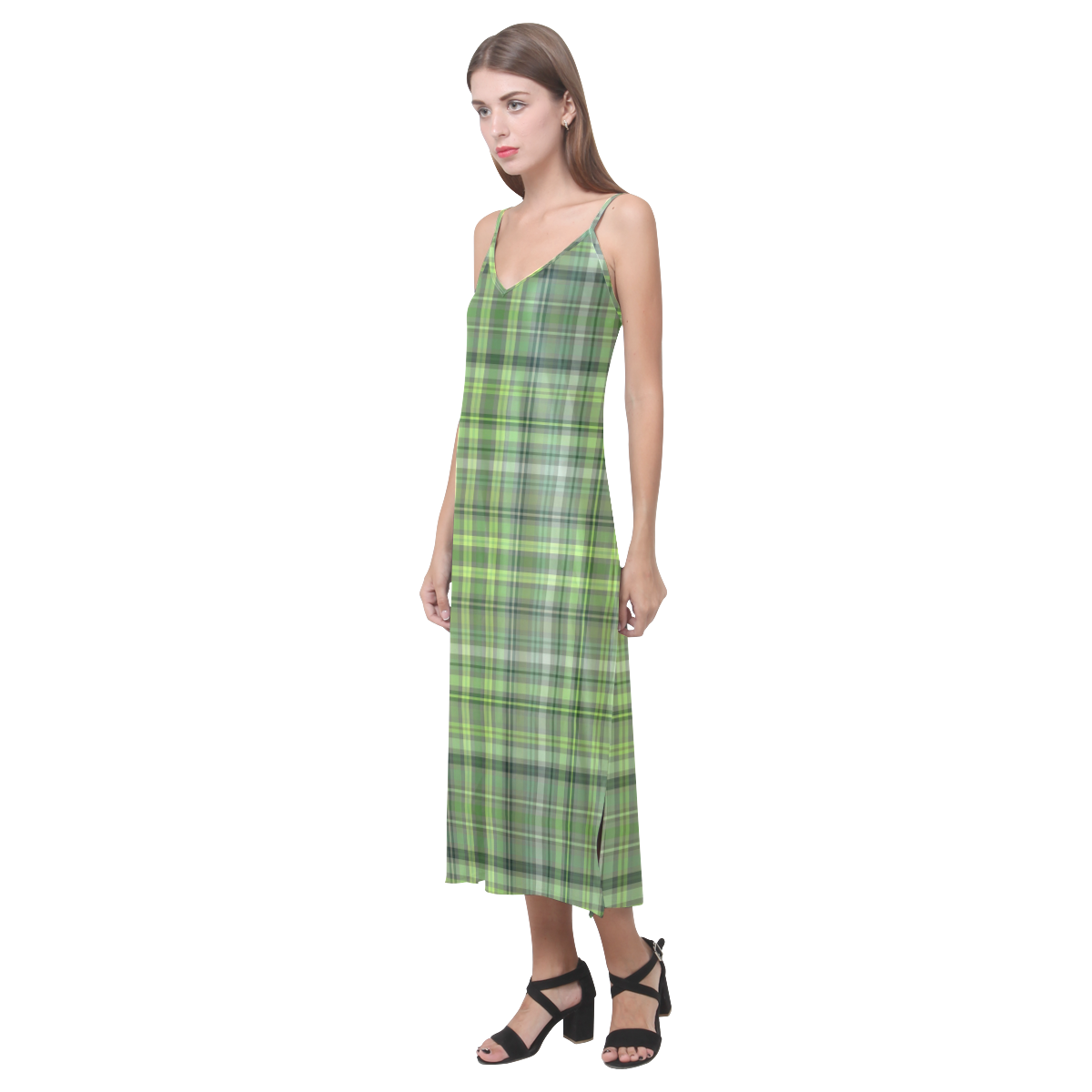 Shades of Green Plaid V-Neck Open Fork Long Dress(Model D18)