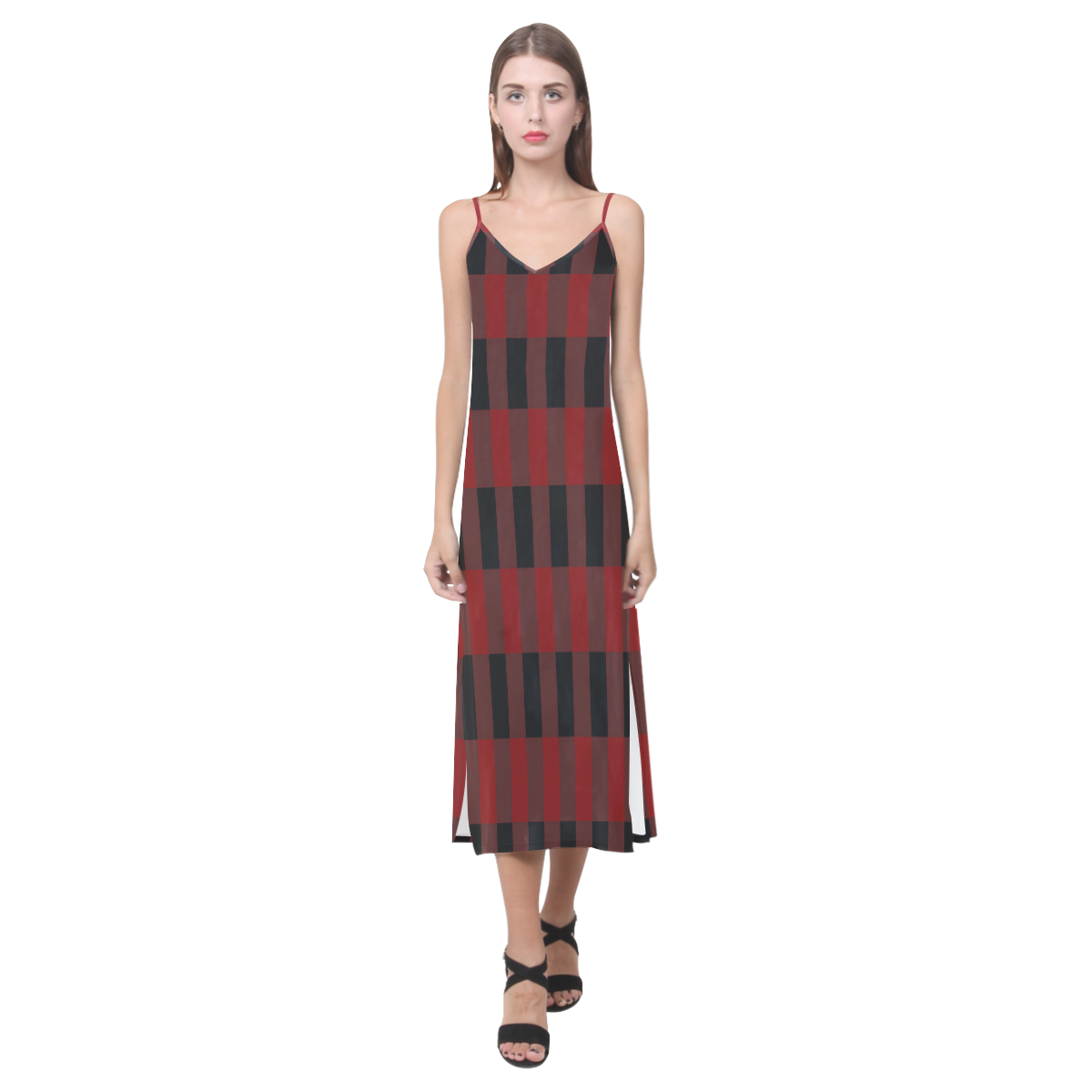 Red Black Plaid V-Neck Open Fork Long Dress(Model D18)
