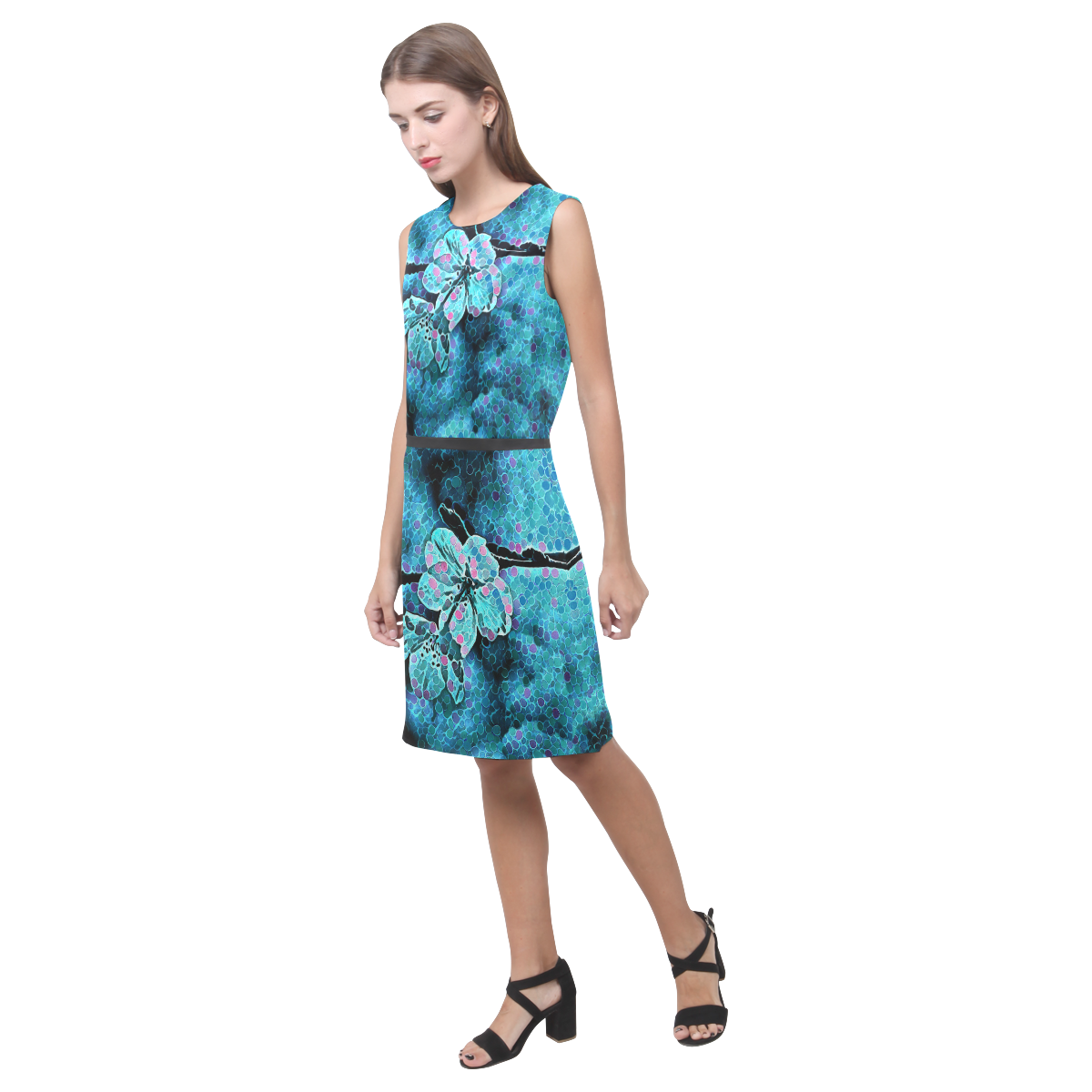 FLOWERS IN BLUE DREAM Eos Women's Sleeveless Dress (Model D01)
