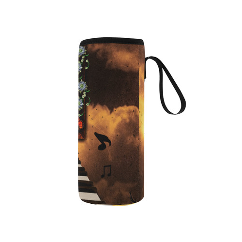 Music, birds on a piano Neoprene Water Bottle Pouch/Small
