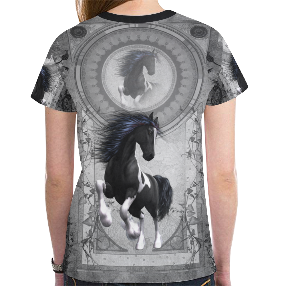 Awesome horse in black and white with flowers New All Over Print T-shirt for Women (Model T45)