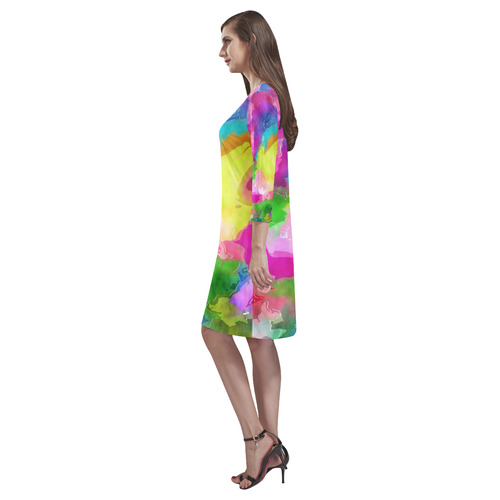 Vibrant Watercolor Ink Blend Rhea Loose Round Neck Dress(Model D22)