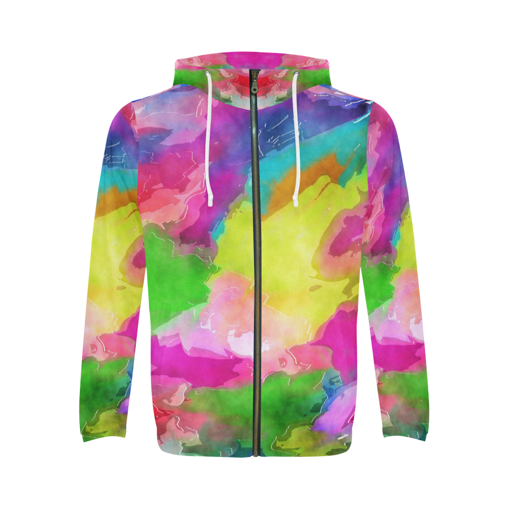 Vibrant Watercolor Ink Blend All Over Print Full Zip Hoodie for Men/Large Size (Model H14)