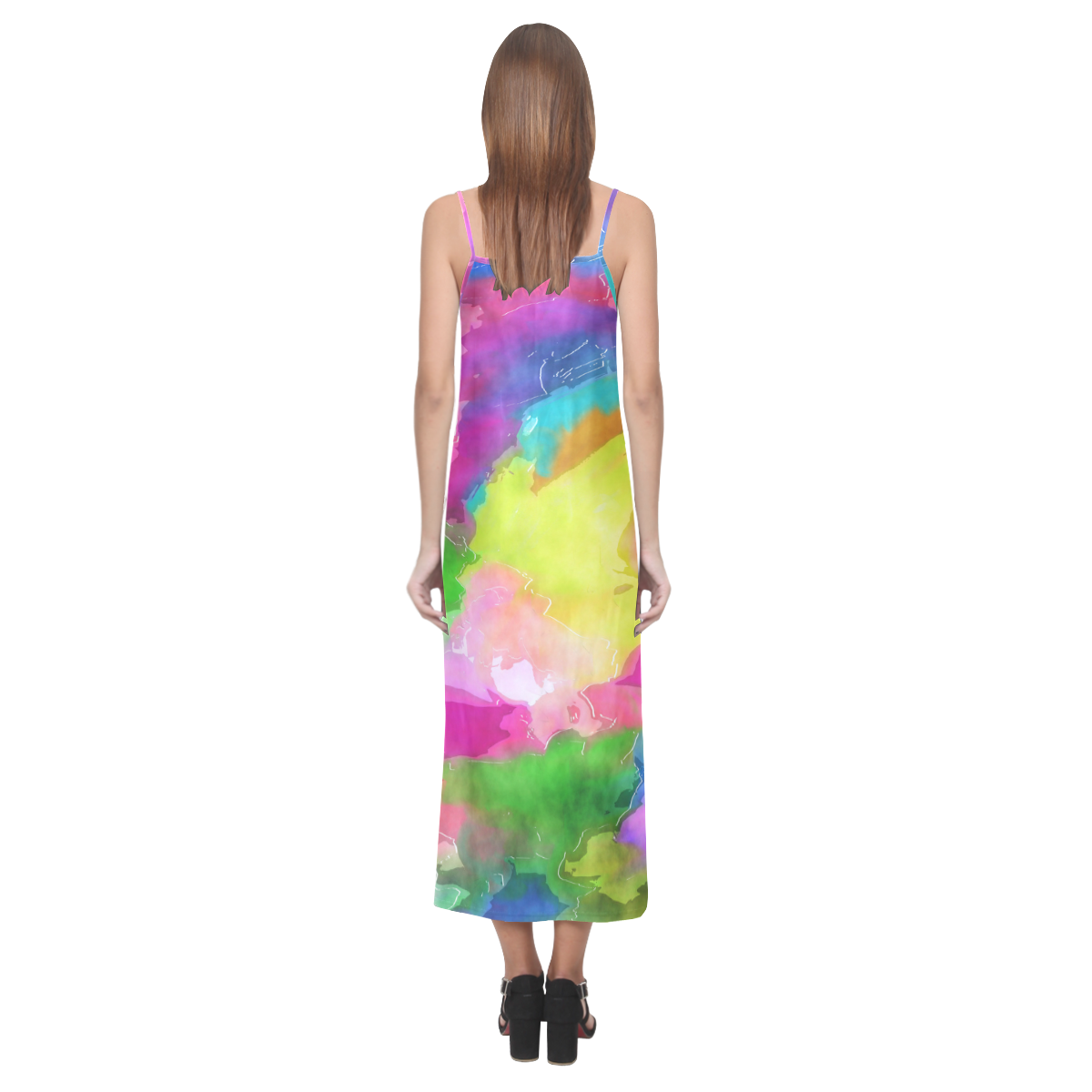 Vibrant Watercolor Ink Blend V-Neck Open Fork Long Dress(Model D18)