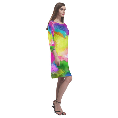 Vibrant Watercolor Ink Blend Rhea Loose Round Neck Dress(Model D22)