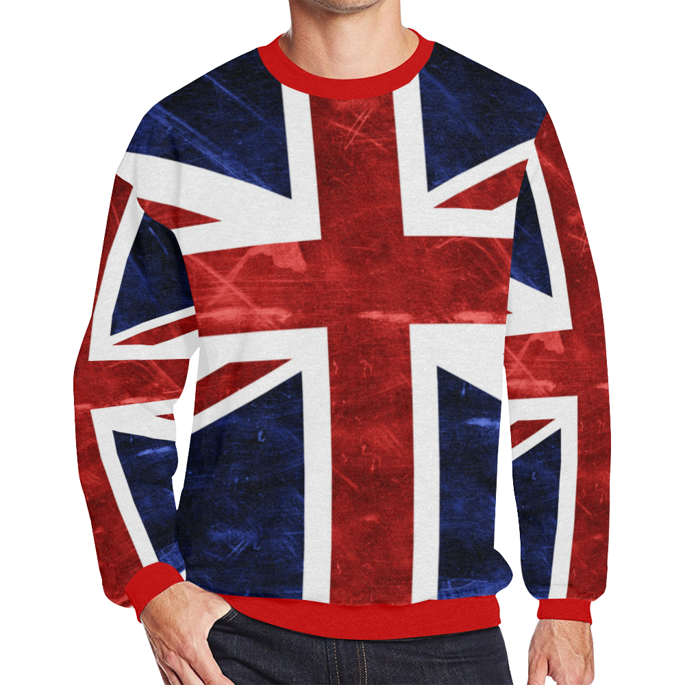 Grunge Union Jack Flag Men's Oversized Fleece Crew Sweatshirt/Large Size(Model H18)