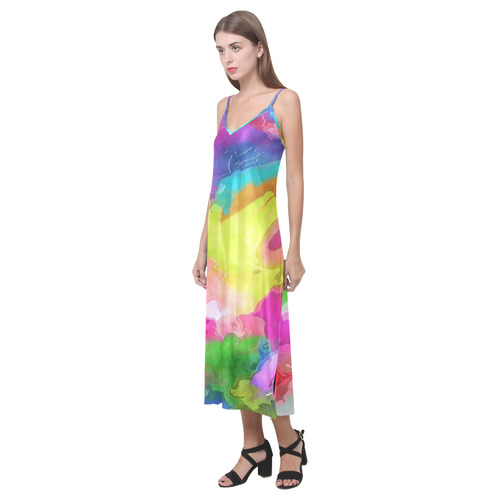 Vibrant Watercolor Ink Blend V-Neck Open Fork Long Dress(Model D18)