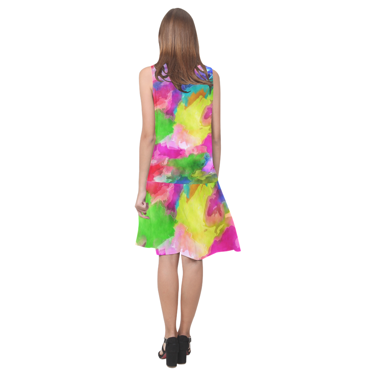 Vibrant Watercolor Ink Blend Sleeveless Splicing Shift Dress(Model D17)