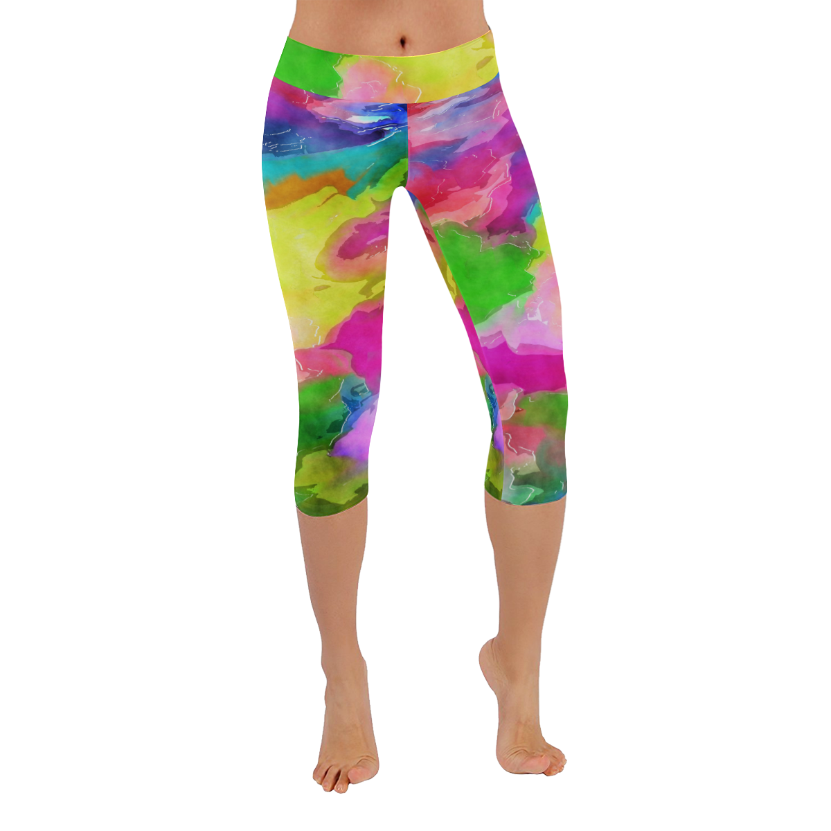 Vibrant Watercolor Ink Blend Women's Low Rise Capri Leggings (Invisible Stitch) (Model L08)