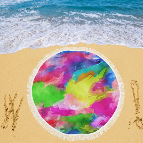 Vibrant Watercolor Ink Blend Circular Beach Shawl 59"x 59"