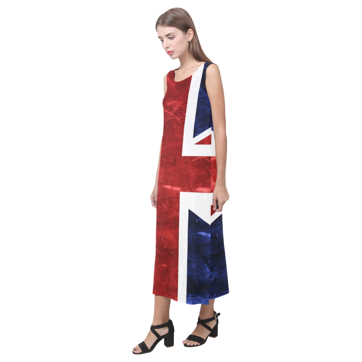 Grunge Union Jack Flag Phaedra Sleeveless Open Fork Long Dress (Model D08)