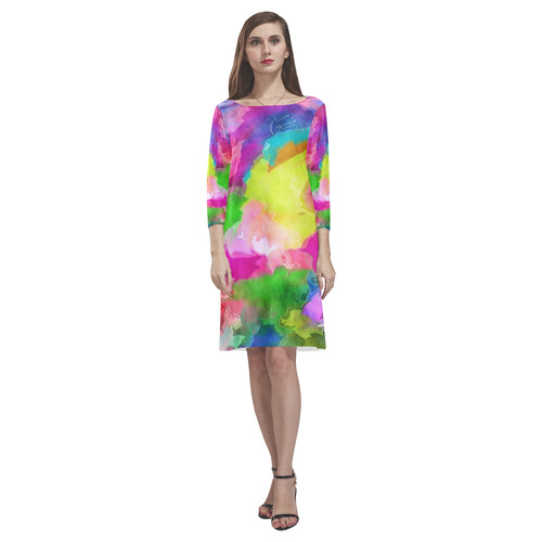 Vibrant Watercolor Ink Blend Rhea Loose Round Neck Dress(Model D22)