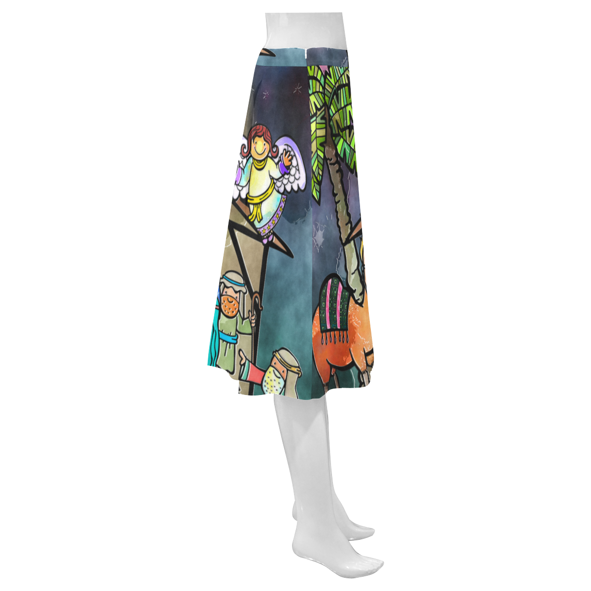 Watercolor Christmas Nativity Painting Mnemosyne Women's Crepe Skirt (Model D16)