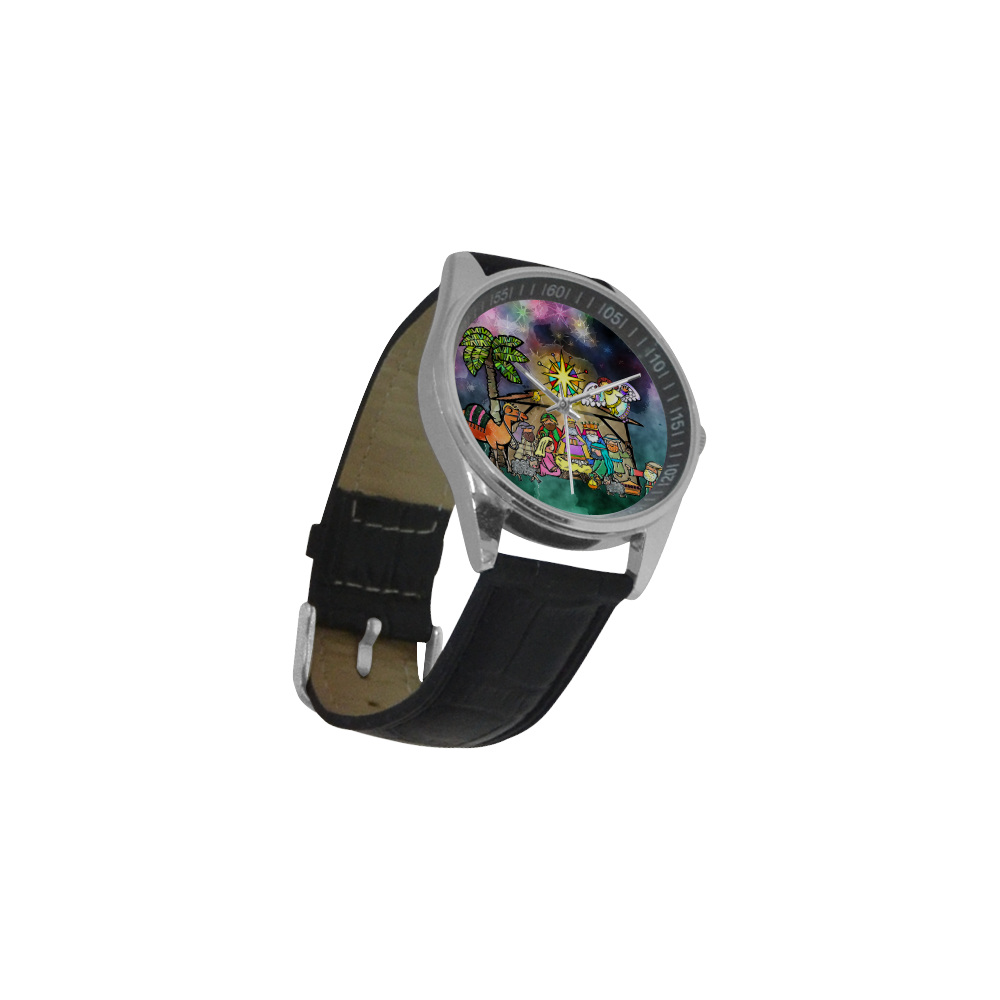 Watercolor Christmas Nativity Painting Men's Casual Leather Strap Watch(Model 211)