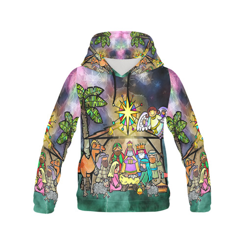 Watercolor Christmas Nativity Painting All Over Print Hoodie for Women (USA Size) (Model H13)