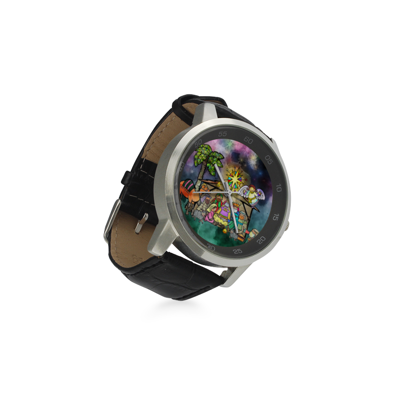 Watercolor Christmas Nativity Painting Unisex Stainless Steel Leather Strap Watch(Model 202)