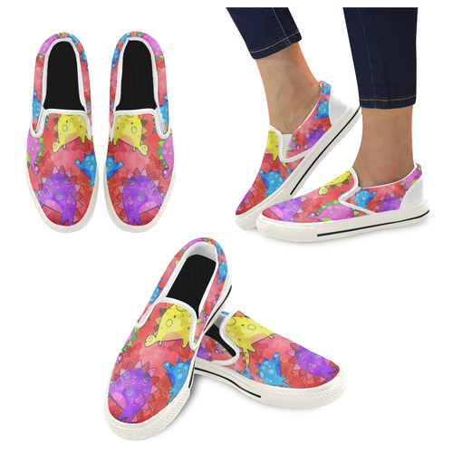 Watercolor Stegosaurus Dinosaur Print Slip-on Canvas Shoes for Kid (Model 019)